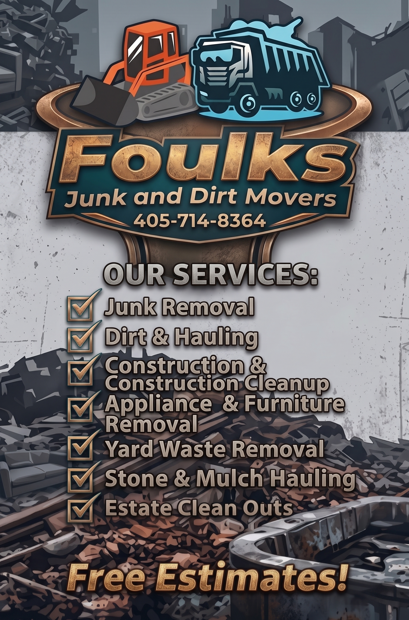 Foulks Junk and Dirt Movers artwork showing junk removal and hauling services
